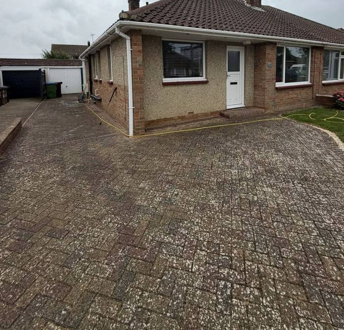 Block paving driveway stained green with algae before cleaning
