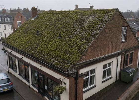 Moss growth across a commercial building roof