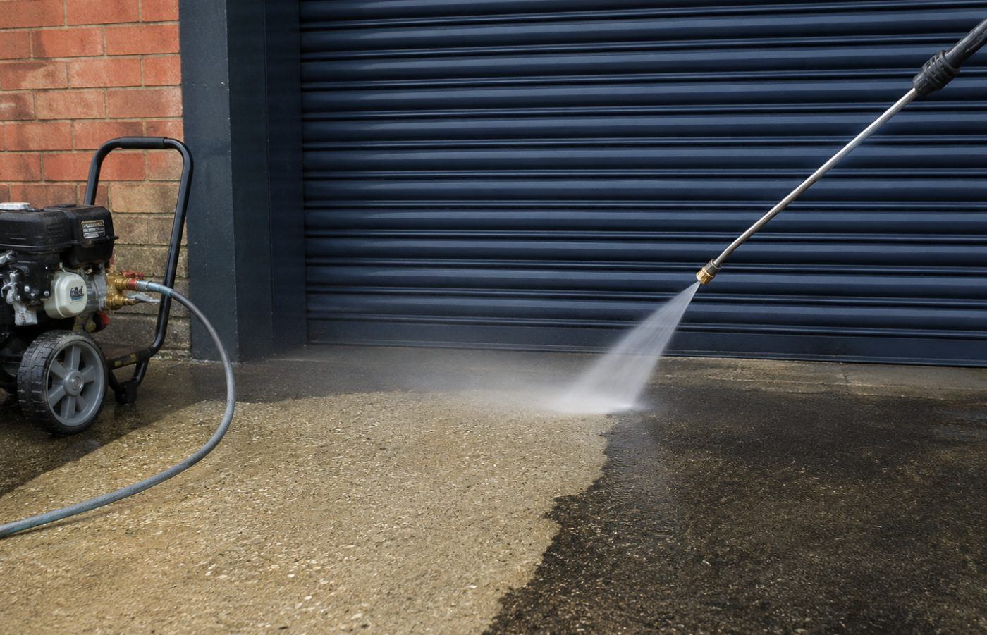 A hard surface being pressure washed with a wide fan of water