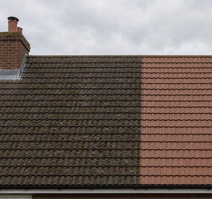 A grey tiled roof half cleaned showing the difference