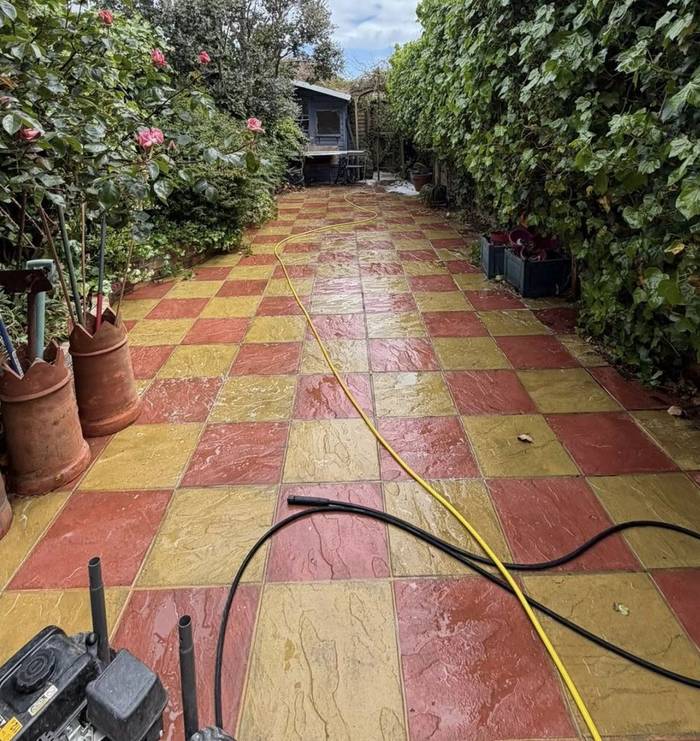 Patterned path restored to full colour after cleaning