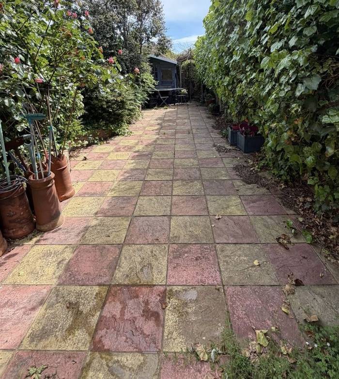 Patterned path faded and dirty before cleaning