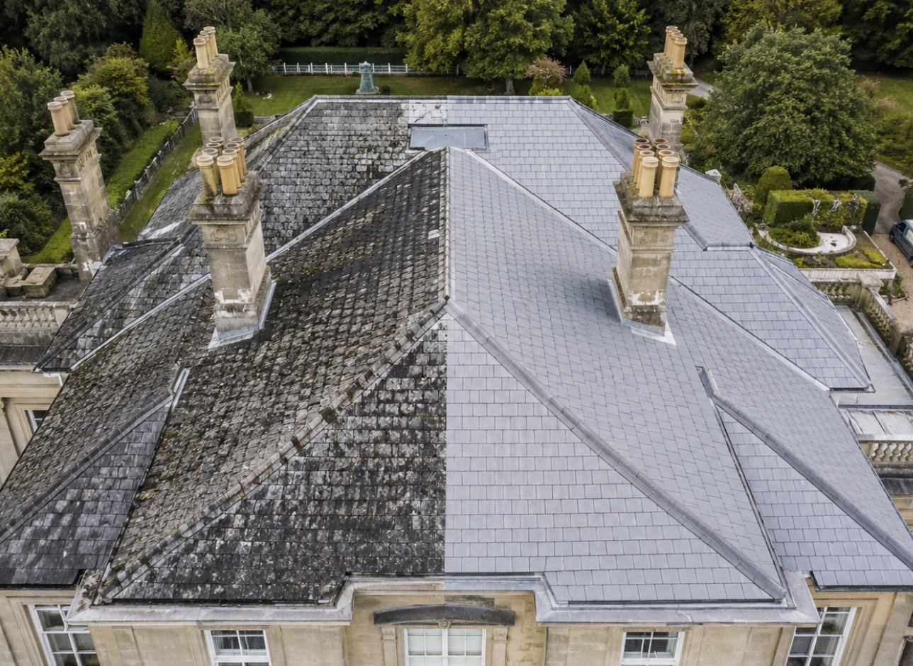 Aerial view of a large tiled roof after professional cleaning by Brightside Exterior Cleaning