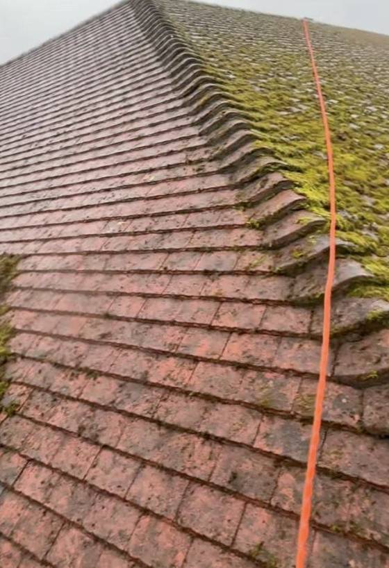A roof ridge partly cleaned