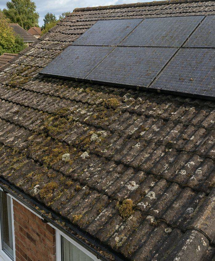 Solar panels dirty and filmed over before cleaning